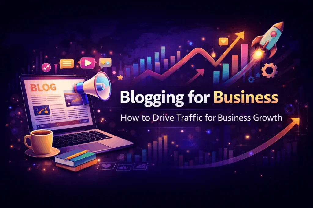 Blogging for buisness banner showing how blogging drives traffic and boost revenue