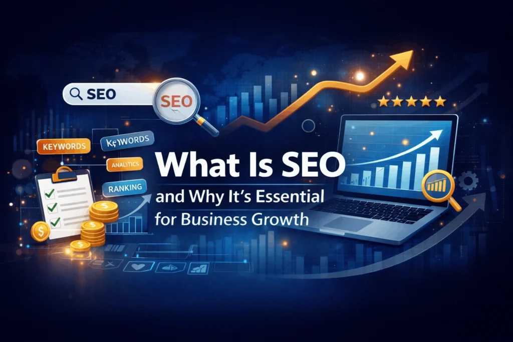 what is SEO graphic showing analytics chart and SEO icons for buisness growth